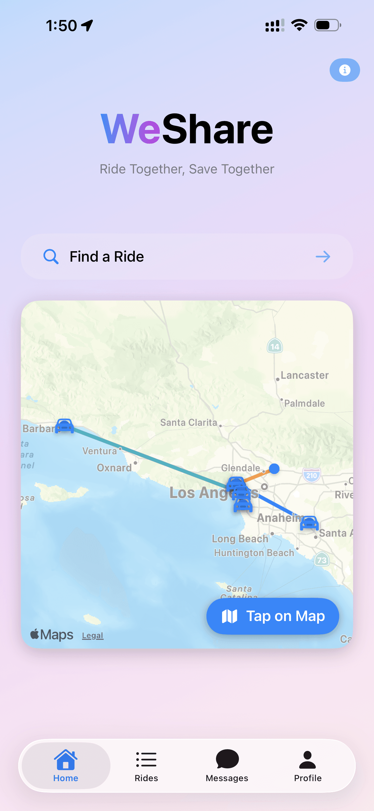 WeShare app home screen with live rides on a map of Southern California